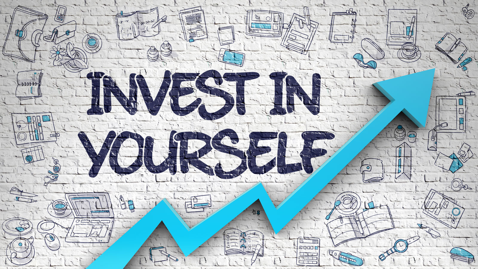 Invest in Yourself message on brick background with upward trend chart and social financial icons