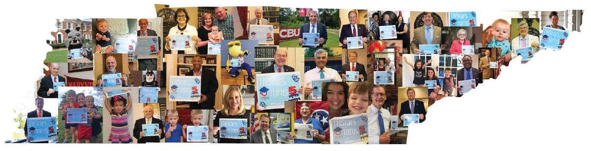 Collage of citizens and representatives holding up TNStars 5-year anniversary signs, collage in shape of the state of Tennessee