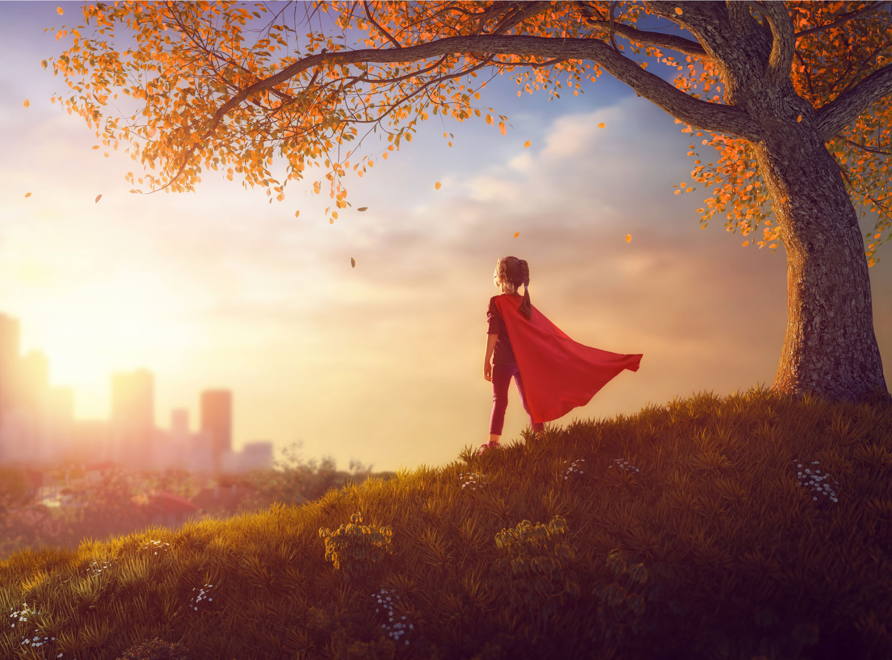 girl in superhero outfit looking out at cityscape, dreaming