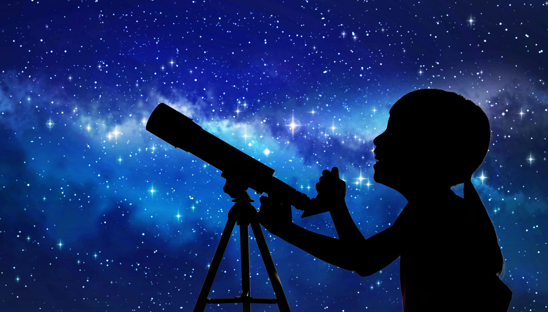 young girl with telescope looking at stars