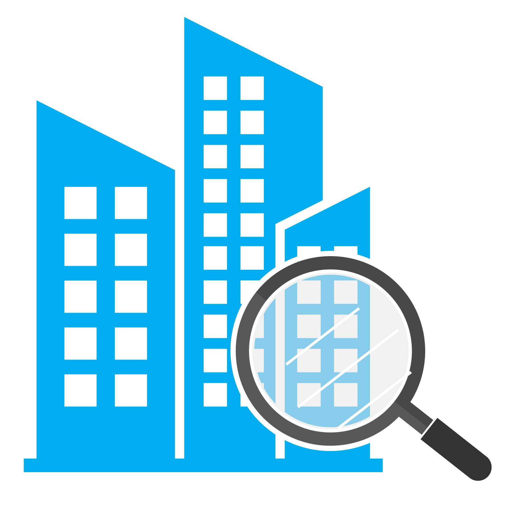 building icon with search magnifying glass