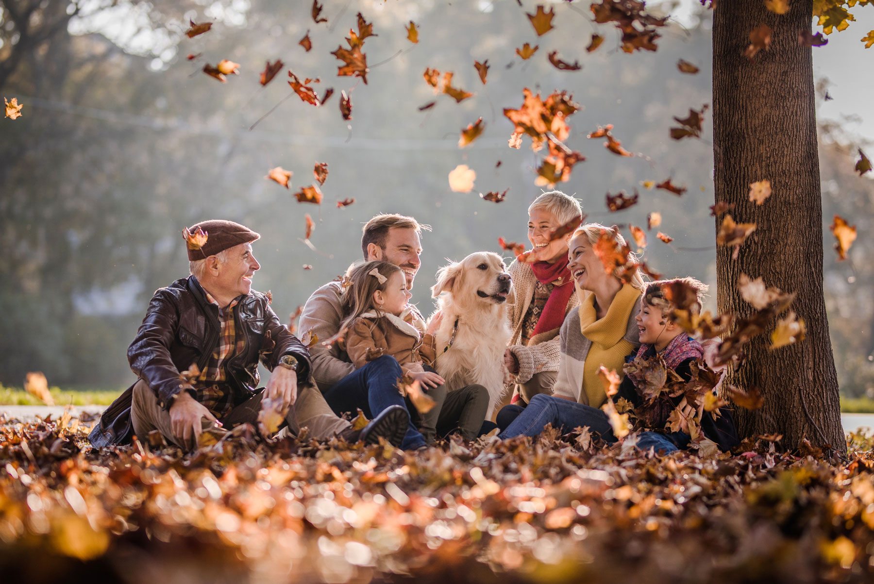 multi-generational family with dog, sitting outside, laughing in the autumn