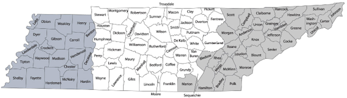 Tennessee counties map with regions separated