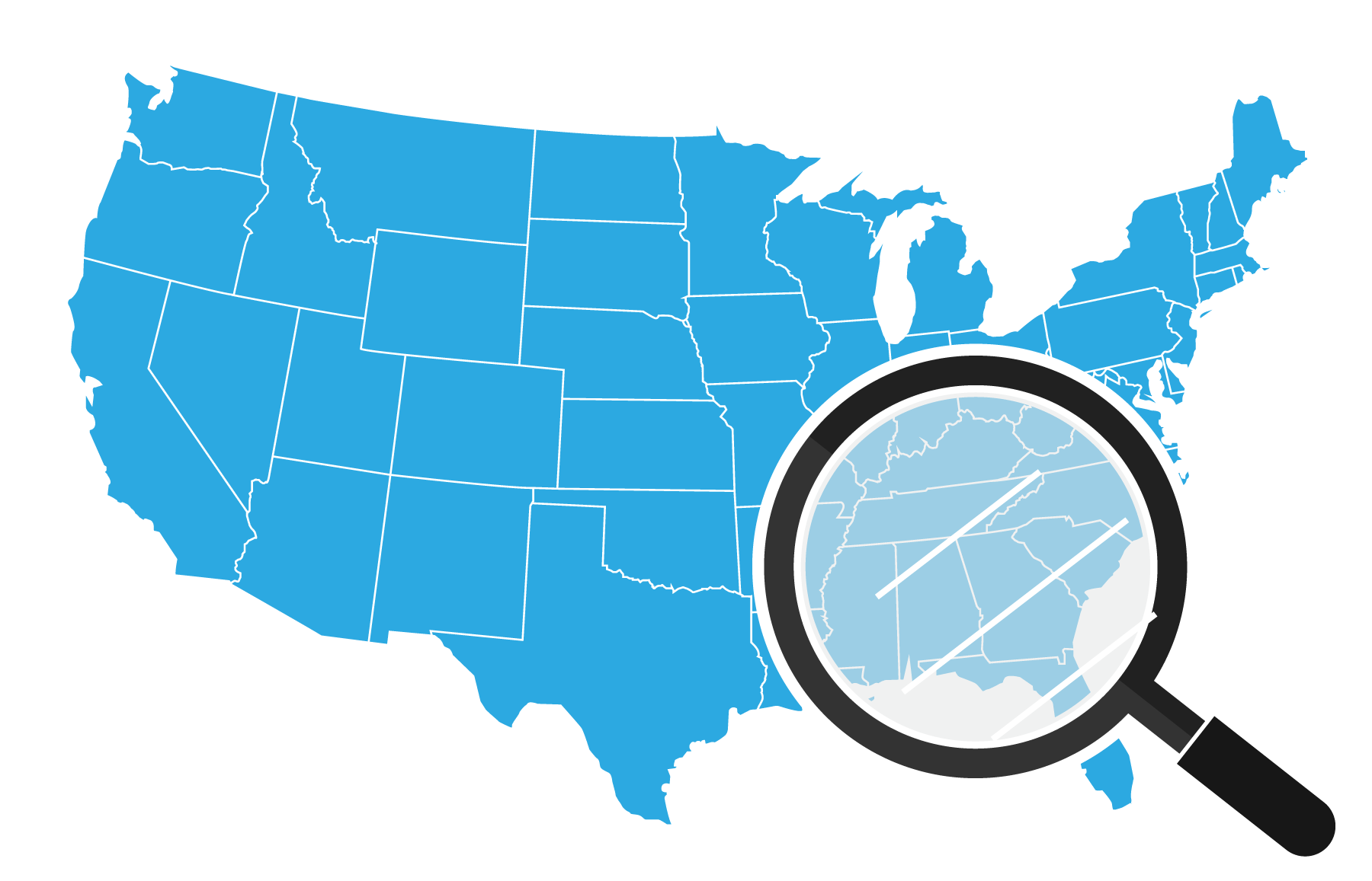 magnifying glass icon over United States map